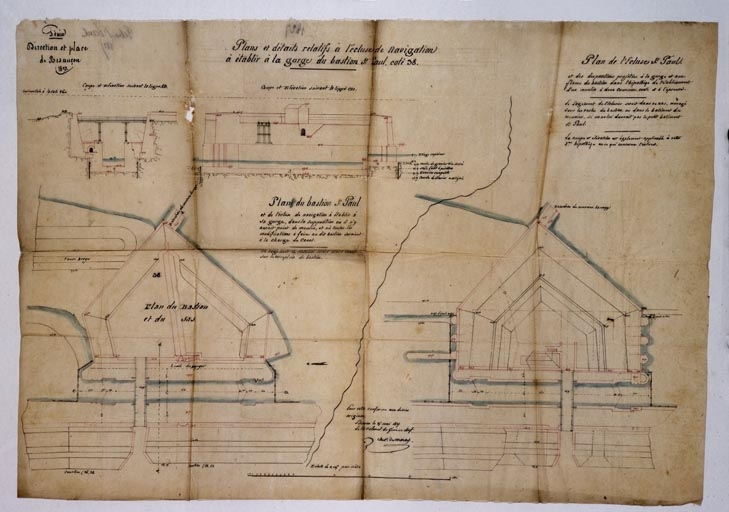 Plans et détails relatifs à l'écluse de navigation à établir à la gorge du bastion St Paul, coté 38 [plans, coupe et élévation], 1827. © Yves Sancey / Région Bourgogne-Franche-Comté, Inventaire du patrimoine - 2006