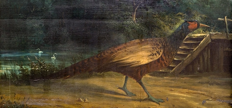 Intérieur, pièce du premier étage : détail du décor peint (faisan) sous l'une des fenêtre. © Yves Sancey / Région Bourgogne-Franche-Comté, Inventaire du patrimoine - 2007