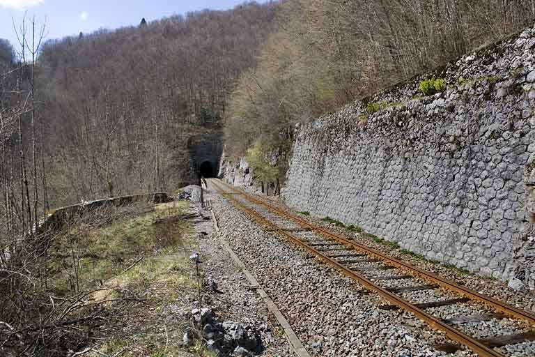 Vue d'ensemble, depuis le côté Andelot-en-Montagne (nord-est). Emplacement du passage à niveau au premier plan, mur de soutènement à droite. © Yves Sancey / Région Bourgogne-Franche-Comté, Inventaire du patrimoine - 2007