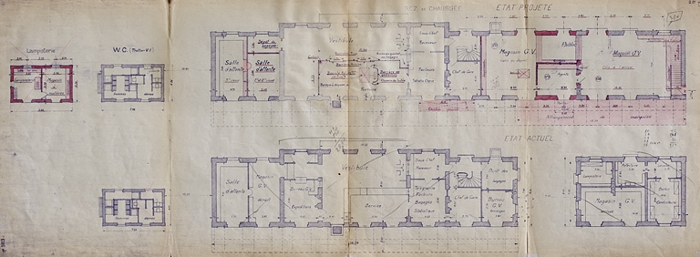 Gare de Saint-Claude. Agrandissements et remaniements motivés par l'arrivée de la ligne de Morez [...] Plan des bâtiments. Etat actuel et projeté, 1930. © Yves Sancey / Région Bourgogne-Franche-Comté, Inventaire du patrimoine - 2007