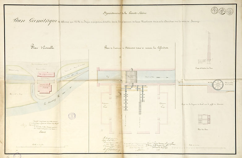 Plan géométrique des cylindres que MM. de Buyer se proposent d'établir dans l'emplacement de leurs martinets [...]. © Jérôme Mongreville / Région Bourgogne-Franche-Comté, Inventaire du patrimoine - 2007