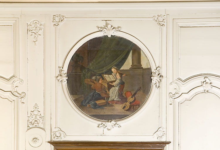 Salon : vue d'ensemble du tableau en dessus de porte représentant l'allégorie de la musique. © Jérôme Mongreville / Région Bourgogne-Franche-Comté, Inventaire du patrimoine - 2008