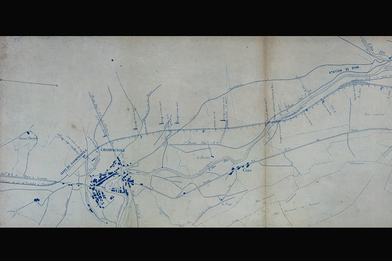 Chemin de fer de Champagnole à ou près Tancua avec embranchement sur Morez. 1er lot [...] Commune de Champagnole [et commune de Cize]. Plan général [donnant l'emplacement initial du viaduc], 1880. © Yves Sancey / Région Bourgogne-Franche-Comté, Inventaire du patrimoine - 2008