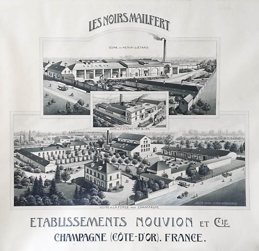 Etablissement Nouvion et Cie [vue cavalière des usines de Hénin-Liétard, Saint-Etienne-Pont-de-l'Ane, et de l'usine de la Forge] © Jérôme Mongreville / Région Bourgogne-Franche-Comté, Inventaire du patrimoine - 2008