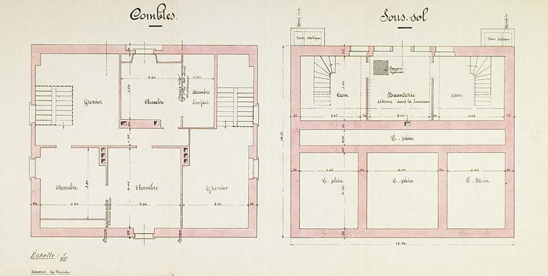 Plan des combles et du sous-sol du bureau des douanes. © Jérôme  Mongreville (reproduction) / Région Bourgogne-Franche-Comté, Inventaire du patrimoine - 2009