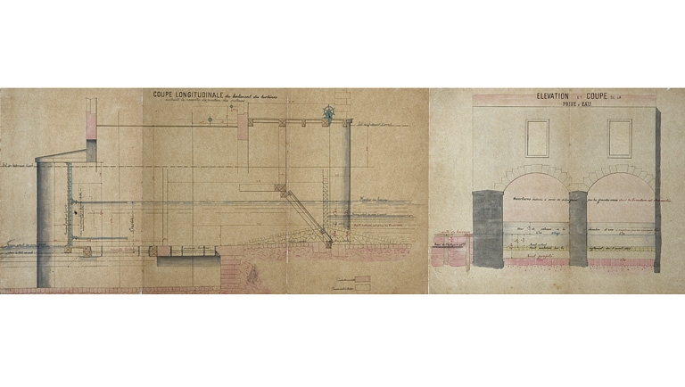 Coupe longitudinale du bâtiment des turbines et élévation et coupe de la prise d'eau. © Yves Sancey / Région Bourgogne-Franche-Comté, Inventaire du patrimoine - 2009