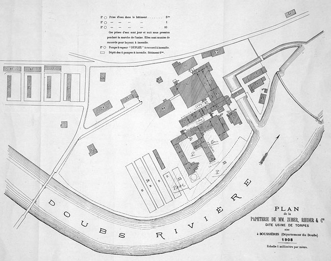 Plan de la papeterie de MM. Zuber et Rieder et Cie, dite usine de Torpes sise à Boussières (département du Doubs). © Yves Sancey / Région Bourgogne-Franche-Comté, Inventaire du patrimoine - 2009