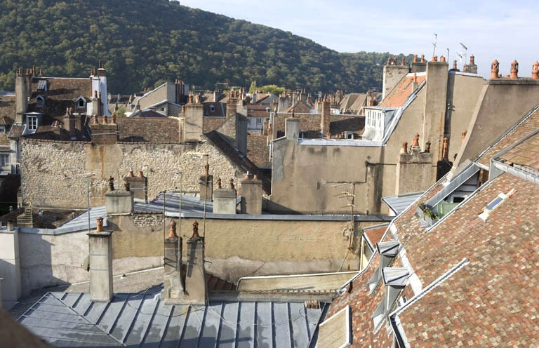 Vue des toits de la ville depuis l'escalier situé 17 rue Ronchaux. © Yves Sancey / Région Bourgogne-Franche-Comté, Inventaire du patrimoine - 2009