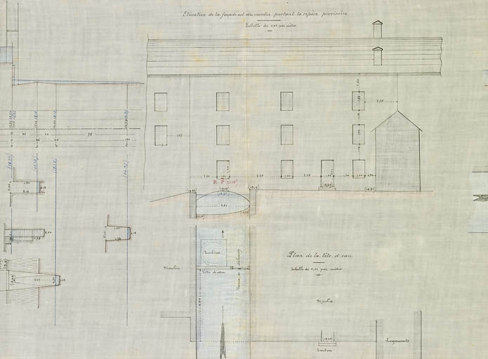 Projet de règlement du moulin du dessous à Esmoulins appartenant au sieur Bouvet [...]. Elévation de la façade est du moulin et plan de la tête d'eau. © Jérôme Mongreville / Région Bourgogne-Franche-Comté, Inventaire du patrimoine - 2009