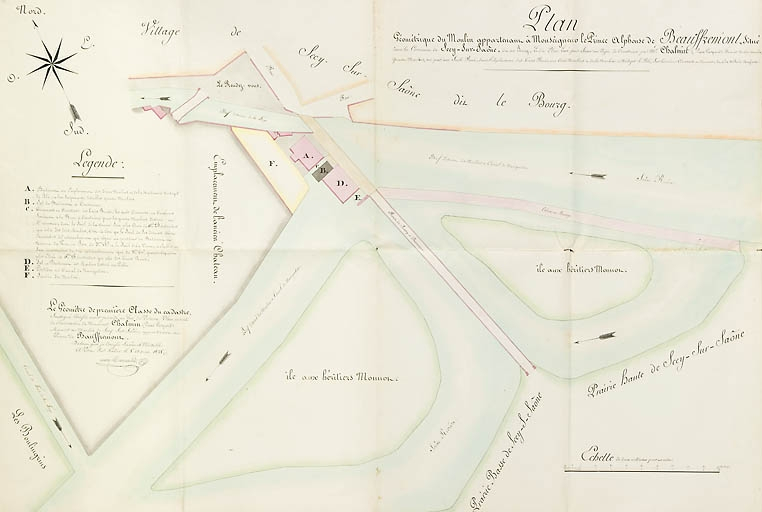Plan géométrique du moulin appartenant à M. le prince Alphonse de Bauffremont [...] plan levé pour servir au projet de construire par M.Chalmin, fermier dudit moulin, 4 moulins, mus par une seule roue, dans l'emplacement des 3 moulins [...]. © Jérôme Mongreville, Marcand / Région Bourgogne-Franche-Comté, Inventaire du patrimoine - 2009