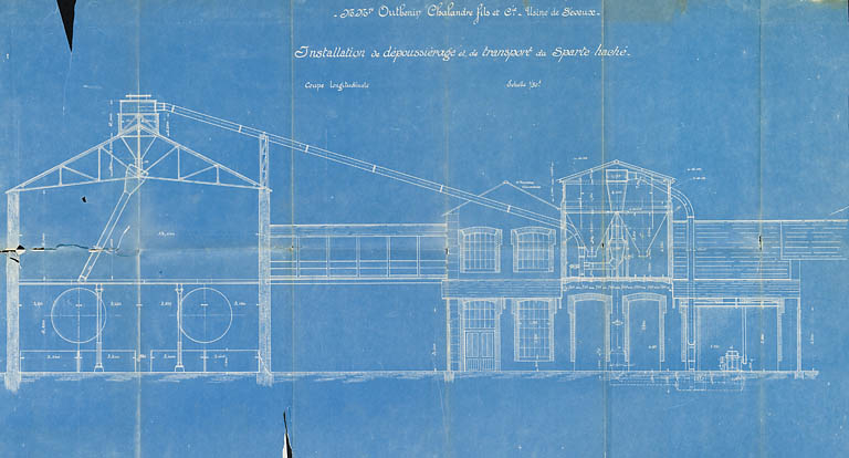 MM. Outhenin-Chalandre Fils et Cie. Usine de Seveux. Installation de dépoussiérage et de transport du sparte haché, coupe longitudinale. © Jérôme Mongreville / Région Bourgogne-Franche-Comté, Inventaire du patrimoine - 2009