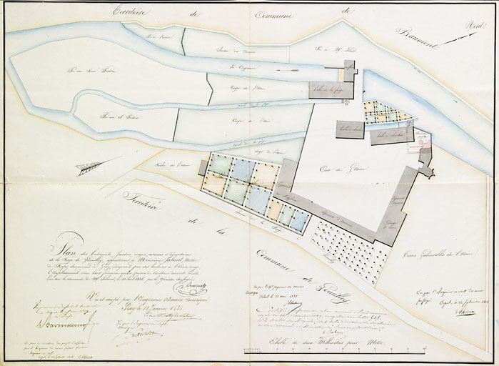 Plan des bâtiments [...], appartenant à monsieur Jobard [...] indiquant par des hachures rouges l'emplacement d'un haut fourneau qu'il se propose de construire [...]. © Jérôme Mongreville / Région Bourgogne-Franche-Comté, Inventaire du patrimoine - 2009