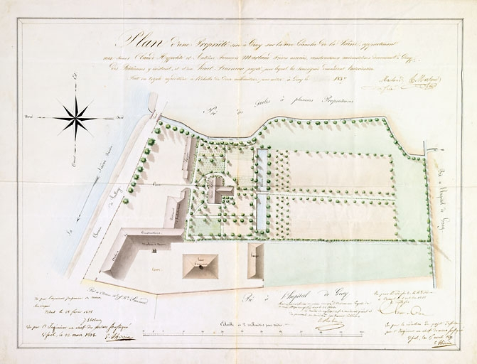 Plan d'une propriété, sise à Gray sur la rive gauche de la Saône, appartenant à Claude Hyppolite et Antoine François Marland [...] des bâtiments y existant et d'un haut fourneau projeté [...]. © Jérôme Mongreville / Région Bourgogne-Franche-Comté, Inventaire du patrimoine - 2009