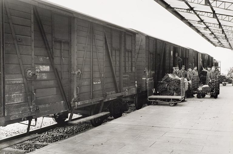 Quai de l'embranchement ferroviaire. Déchargement d'une rame de wagons d'une récolte provenant d'un centre d'achat extérieur. © Jérôme  Mongreville (reproduction), Larcher / Région Bourgogne-Franche-Comté, Inventaire du patrimoine - 2009