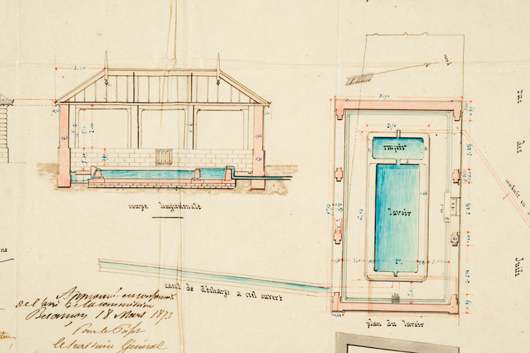 [Détail du plan général]. Coupe longitudinale. Plan du lavoir. © Jérôme Mongreville / Région Bourgogne-Franche-Comté, Inventaire du patrimoine - 2010