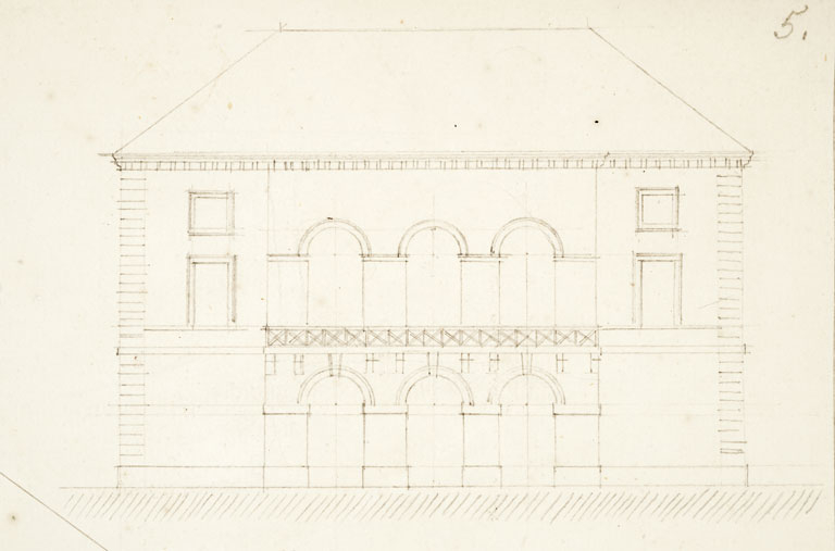Croquis du projet de la façade latérale, côté lavoir. © Jérôme Mongreville / Région Bourgogne-Franche-Comté, Inventaire du patrimoine - 2010