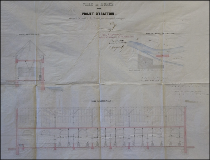 Ville de Morez. Projet d'abattoir. Coupe transversale, Coupe longitudinale [et] Plan des abords de l'abattoir, 1852. © Yves Sancey / Région Bourgogne-Franche-Comté, Inventaire du patrimoine - 2010