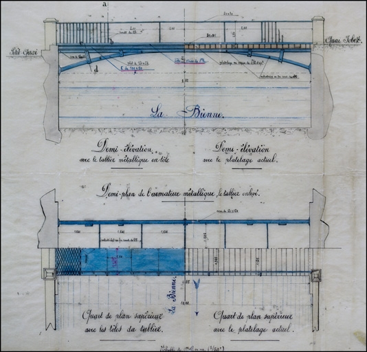 [Plans, coupes et élévation du tablier métallique à établir sur la passerelle du Petit Quai], 1912. © Yves Sancey / Région Bourgogne-Franche-Comté, Inventaire du patrimoine - 2010
