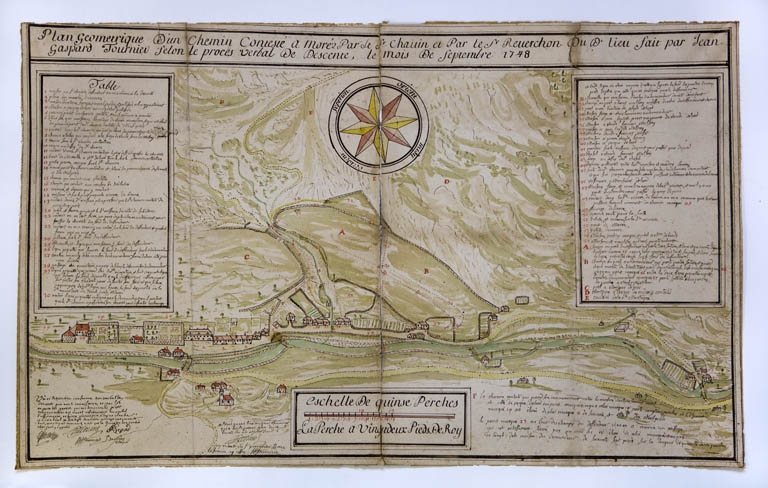 Plan géométrique d'un chemin contesté à Morez par le Sr Chavin et par le Sr Reverchon dud[it] lieu, fait par Jean Gaspard Fournier selon le procès-verbal de descente, le mois de septembre 1748. © Yves Sancey / Région Bourgogne-Franche-Comté, Inventaire du patrimoine - 2010