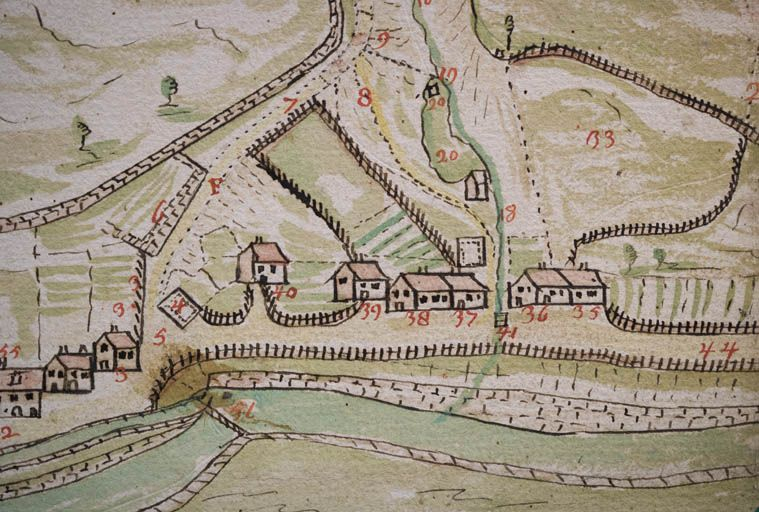 Plan géométrique d'un chemin contesté [... : détail des anciennes maisons du quai Aimé Lamy], 1748. © Yves Sancey / Région Bourgogne-Franche-Comté, Inventaire du patrimoine - 2010