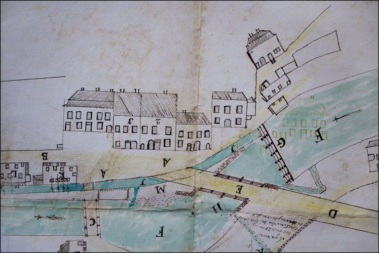 Plan [du moulin Chavin et du quartier de la place du Marché] fait par Pierre Augustin Roche de Morez [détail], 1782. © Yves Sancey / Région Bourgogne-Franche-Comté, Inventaire du patrimoine - 2010