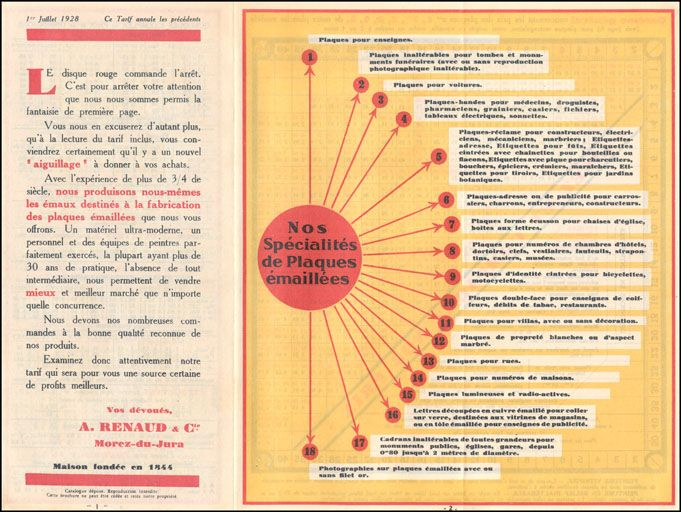 Catalogue de production de l'émaillerie A. Renaud et Cie : liste des types de plaques émaillées produites, 1928. © Yves Sancey / Région Bourgogne-Franche-Comté, Inventaire du patrimoine - 2010 Catalogue de production de l'émaillerie A. Renaud et Cie : liste des types de plaques émaillées produites, 1928. © Yves Sancey / Région Bourgogne-Franche-Comté, Inventaire du patrimoine - 2010