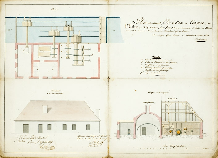 Plan de détails, élévation et coupes de l'usine que MM. Charles et Frédéric Japy demandent à établir au moulin de la Roche [...]. © Jérôme Mongreville / Région Bourgogne-Franche-Comté, Inventaire du patrimoine - 2011