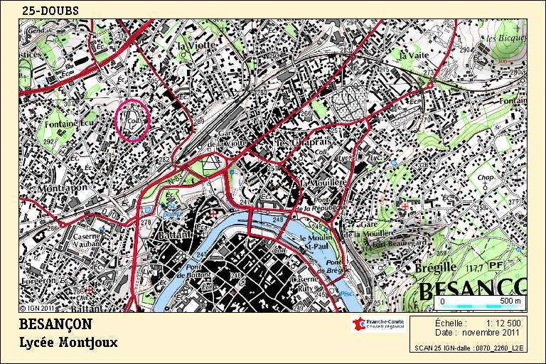 Carte de localisation du lycée Montjoux de Besançon. Carte topographique, IGN, 2012, dalle 0870-2260-L2E, échelle 1:25 000. © André Céréza / Région Bourgogne-Franche-Comté, Inventaire du patrimoine - 2011