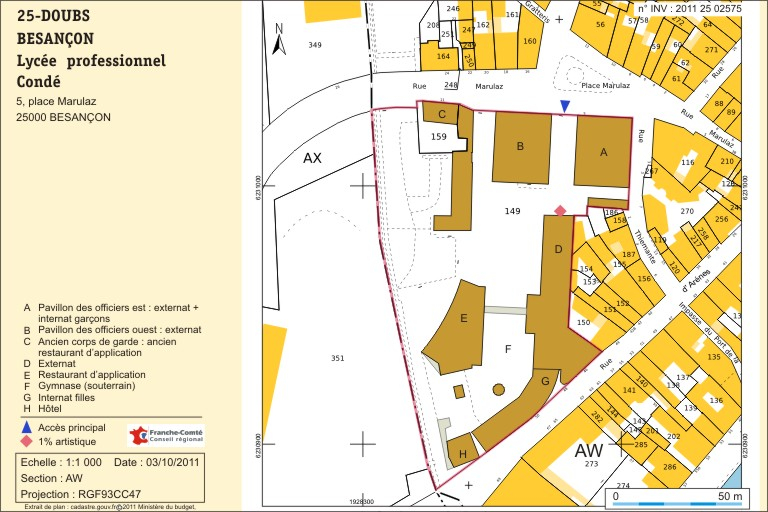 Plan-masse et de situation. Extrait du plan cadastral numérisé, section AX, échelle 1:1000 © André Céréza / Région Bourgogne-Franche-Comté, Inventaire du patrimoine - 2011