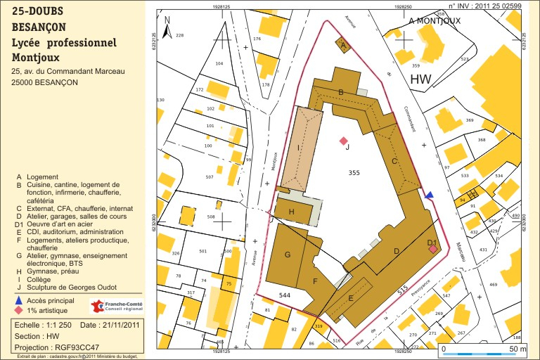 Plan-masse et de situation. Extrait du plan cadastral numérisé, section HW, échelle 1:1250. © André Céréza / Région Bourgogne-Franche-Comté, Inventaire du patrimoine - 2011