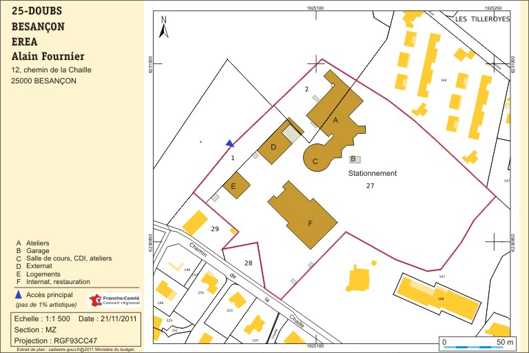 Plan-masse et de situation. Extrait du plan cadastral numérisé, section MZ, échelle 1:1500. © André Céréza / Région Bourgogne-Franche-Comté, Inventaire du patrimoine - 2011
