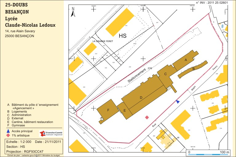 Plan-masse et de situation. Extrait du plan cadastral numérisé, section HS, échelle 1:2000 © André Céréza / Région Bourgogne-Franche-Comté, Inventaire du patrimoine - 2011