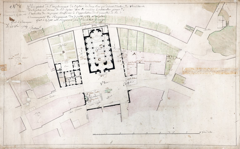 Plan général de l'emplacement de l'église. [Les lettres A, B, C correspondent aux terrains possibles pour ériger l'église. En C, l'édifice de Bertrand, en A, l'endroit d'où sortira de terre celui d'Amoudru]. © Jérôme Mongreville / Région Bourgogne-Franche-Comté, Inventaire du patrimoine - 2011