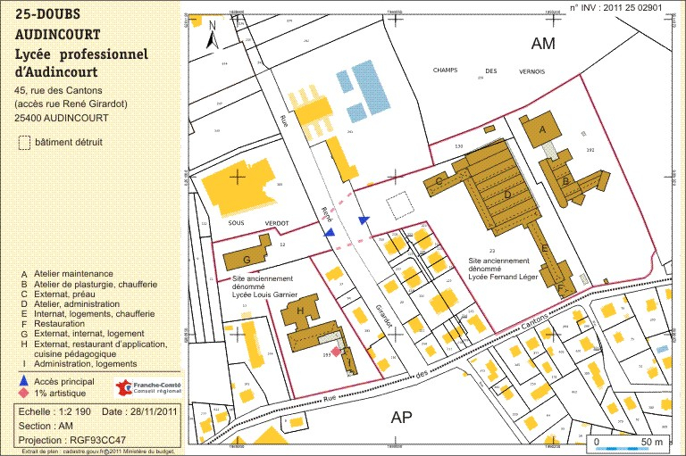 Plan-masse et de situation. Extrait du plan cadastral numérisé, section AM, échelle 1:2190. © André Céréza / Région Bourgogne-Franche-Comté, Inventaire du patrimoine - 2011
