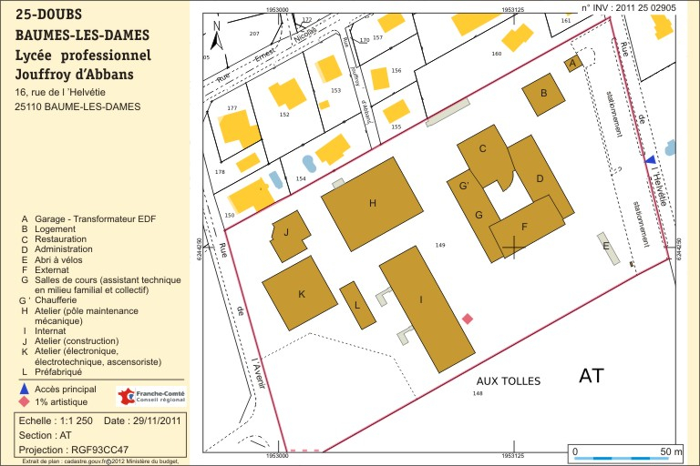 Plan-masse et de situation. Extrait du plan cadastral numérisé, section AT, échelle 1:1250. © André Céréza / Région Bourgogne-Franche-Comté, Inventaire du patrimoine - 2011