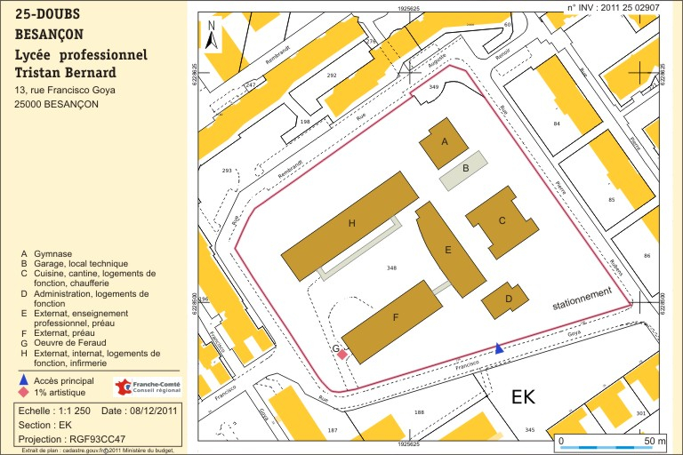 Plan-masse et de situation. Extrait du plan cadastral numérisé, section EK, échelle 1:1250. © André Céréza / Région Bourgogne-Franche-Comté, Inventaire du patrimoine - 2011 Plan-masse et de situation. Extrait du plan cadastral numérisé, section EK, échelle 1:1250. © André Céréza / Région Bourgogne-Franche-Comté, Inventaire du patrimoine - 2011