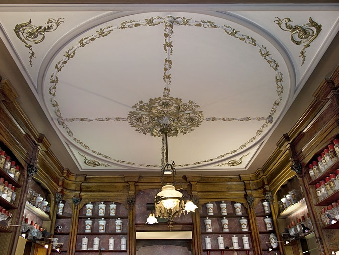 Logis principal, intérieur : vue d'ensemble du plafond de la pharmacie. © Yves Sancey / Région Bourgogne-Franche-Comté, Inventaire du patrimoine - 2012
