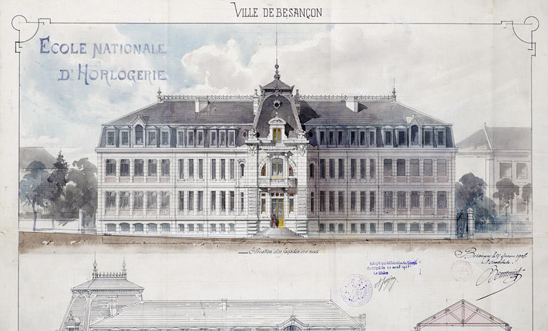 Ville de Besançon. Projet de construction d'une Ecole nat[ion]ale d'Horlogerie. 5. Elévation des façades sur rues [détail des élévations], 1906. © Jérôme Mongreville / Région Bourgogne-Franche-Comté, Inventaire du patrimoine - 2012