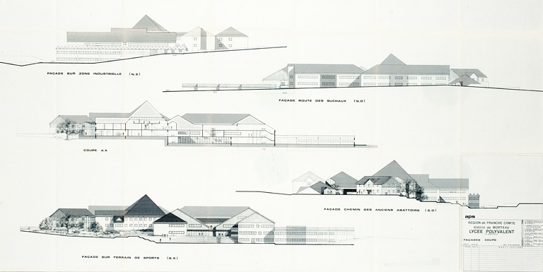 Région de Franche-Comté. District de Morteau. Lycée polyvalent de Morteau. APS. Façades, coupe, 1985. © Jérôme Mongreville / Région Bourgogne-Franche-Comté, Inventaire du patrimoine - 2012 Région de Franche-Comté. District de Morteau. Lycée polyvalent de Morteau. APS. Façades, coupe, 1985. © Jérôme Mongreville / Région Bourgogne-Franche-Comté, Inventaire du patrimoine - 2012
