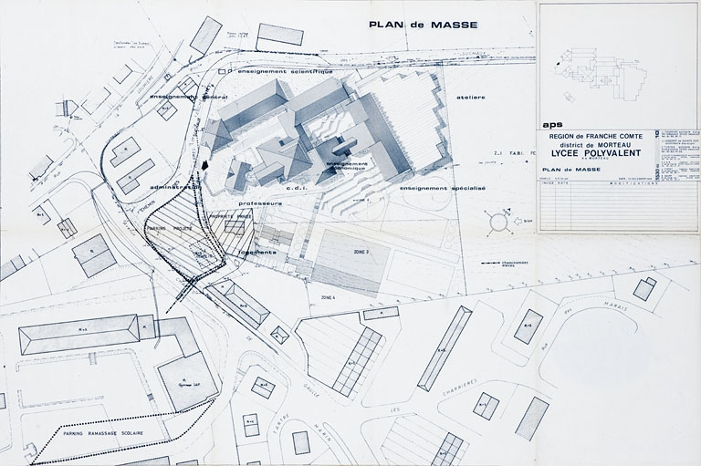 Région de Franche-Comté. District de Morteau. Lycée polyvalent de Morteau. APS. Plan de masse, 1985. © Jérôme Mongreville / Région Bourgogne-Franche-Comté, Inventaire du patrimoine - 2012 Région de Franche-Comté. District de Morteau. Lycée polyvalent de Morteau. APS. Plan de masse, 1985. © Jérôme Mongreville / Région Bourgogne-Franche-Comté, Inventaire du patrimoine - 2012