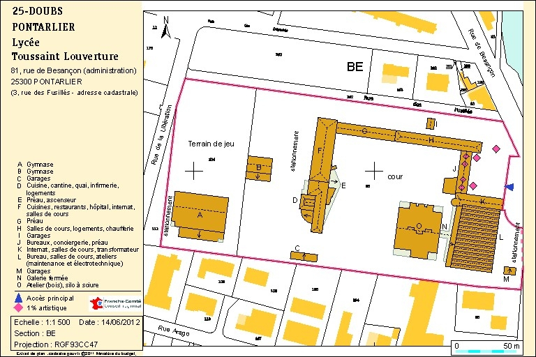 Plan-masse et de situation. Extrait du plan cadastral numérisé, 2012, section BE, échelle 1:1000 réduite à 1:1500. Source : Direction générale des Finances Publiques - Cadastre ; mise à jour : 2011. © André Céréza / Région Bourgogne-Franche-Comté, Inventaire du patrimoine - 2012