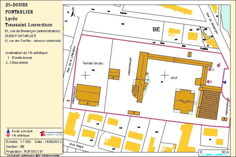 Plan de localisation. Extrait du plan cadastral numérisé, 2012, section BE, échelle 1:1000 réduite à 1:1500. Source : Direction générale des Finances Publiques - Cadastre ; mise à jour : 2011. © André Céréza / Région Bourgogne-Franche-Comté, Inventaire du patrimoine - 2012