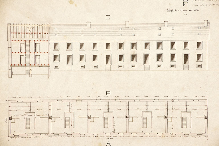 Maison d'habitation à 10 logements. Elévation et plan du 1er étage. © Jérôme Mongreville / Région Bourgogne-Franche-Comté, Inventaire du patrimoine - 2012