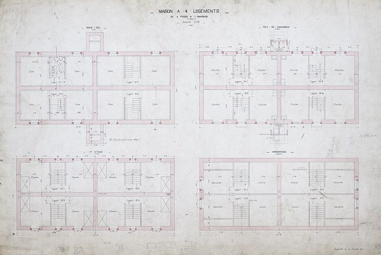 Maison à quatre logements de 4 pièces et une mansarde. Plan du sous-sol, du rez-de-chaussée, du 1er étage et des mansardes. © Jérôme Mongreville / Région Bourgogne-Franche-Comté, Inventaire du patrimoine - 2012