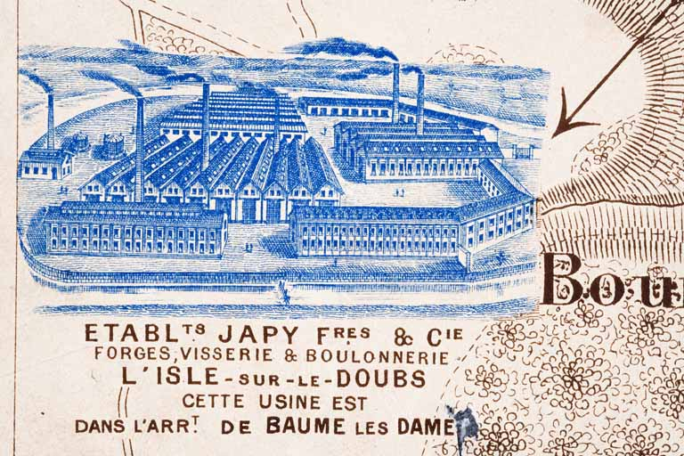 Plan monumental des grandes usines [...]. Ets Japy Frères et Cie de L'Isle-sur-le-Doubs. Forge, visserie, boulonnerie [détail], s.d. [début 20e siècle]. © Jérôme Mongreville / Région Bourgogne-Franche-Comté, Inventaire du patrimoine - 2012