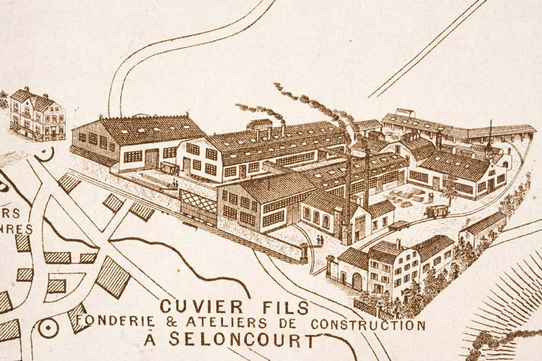 Plan monumental des grandes usines. [...]. Fonderies et ateliers de construction Cuvier Fils [détail]. © Jérôme Mongreville / Région Bourgogne-Franche-Comté, Inventaire du patrimoine - 2012