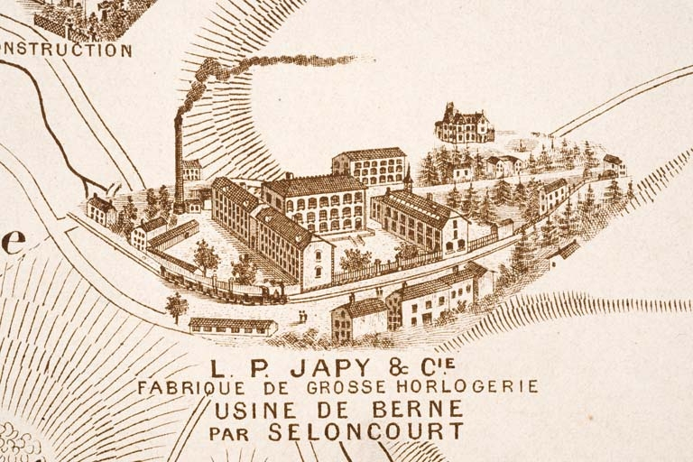 Plan monumental des grandes usines [...]. Fabrique de grosse horlogerie L.P. Japy et Cie [détail]. © Jérôme Mongreville / Région Bourgogne-Franche-Comté, Inventaire du patrimoine - 2012