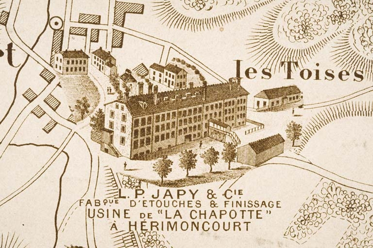 Plan monumental des grandes usines [...]. Fabrique d'étouches et finissage L.P. Japy et Cie [détail]. © Jérôme Mongreville / Région Bourgogne-Franche-Comté, Inventaire du patrimoine - 2012