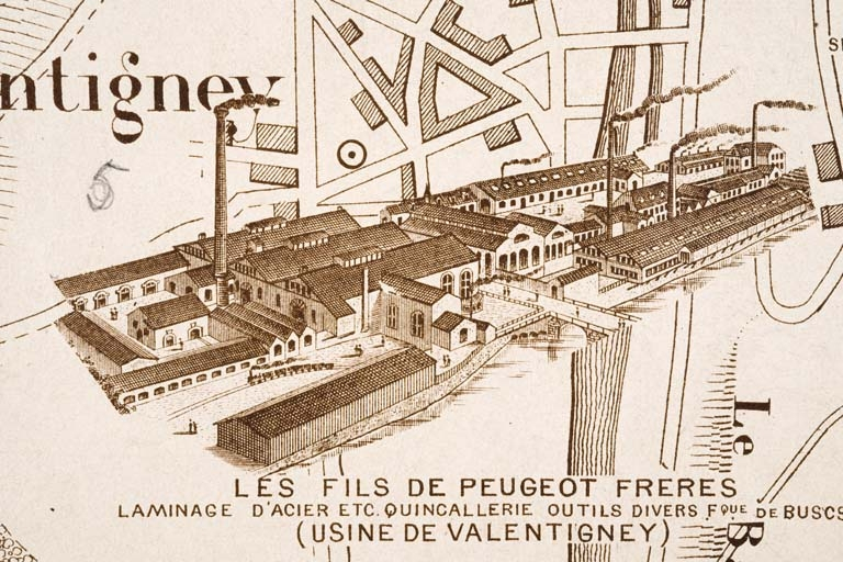 Plan monumental des grandes usines [...]. Laminage d'acier, quincaillerie, outils divers [...] Les Fils de Peugeot Frères [détail]. © Jérôme Mongreville / Région Bourgogne-Franche-Comté, Inventaire du patrimoine - 2012