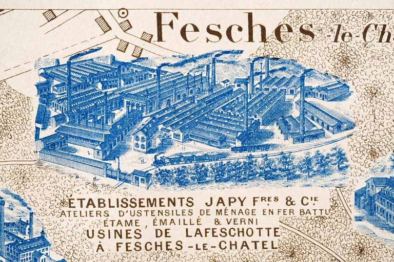 Plan monumental des grandes usines [...]. Ateliers d'ustensiles de ménage en fer battu, étamé, émaillé et verni Japy Frères et Cie [détail]. © Jérôme Mongreville / Région Bourgogne-Franche-Comté, Inventaire du patrimoine - 2012